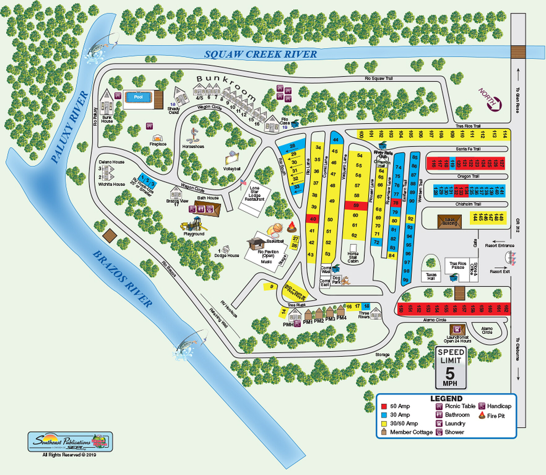 Tres Rios Resort map with the resort entrance, the Lone Star Lodge and the ceremony spot by Squaw Creek marked